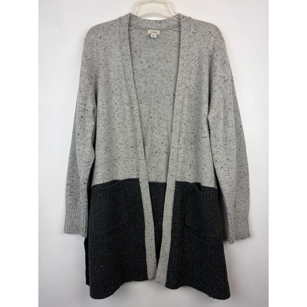 LL Bean Cardigan Sweater Womens Large Petite Gray Long Open Layer Career
